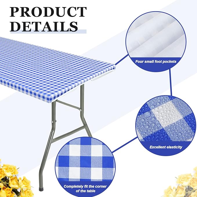 3 Pcs Plastic Picnic Table Cover Checkered Tablecloth Fitted Rectangular Table Cloth 30 x 72 Inch Vinyl Waterproof Flannel Backed with Elastic Rim for Indoor Outdoor Picnic Party(Blue and White)