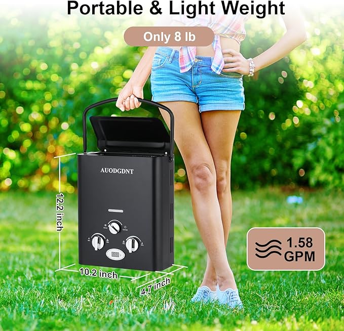 Portable Water Heater Propane Tankless,6L 1.58GPM Outdoor Instant Gas Water Heater with LED Display for RV, Camping,Outdoor Shower(Black)