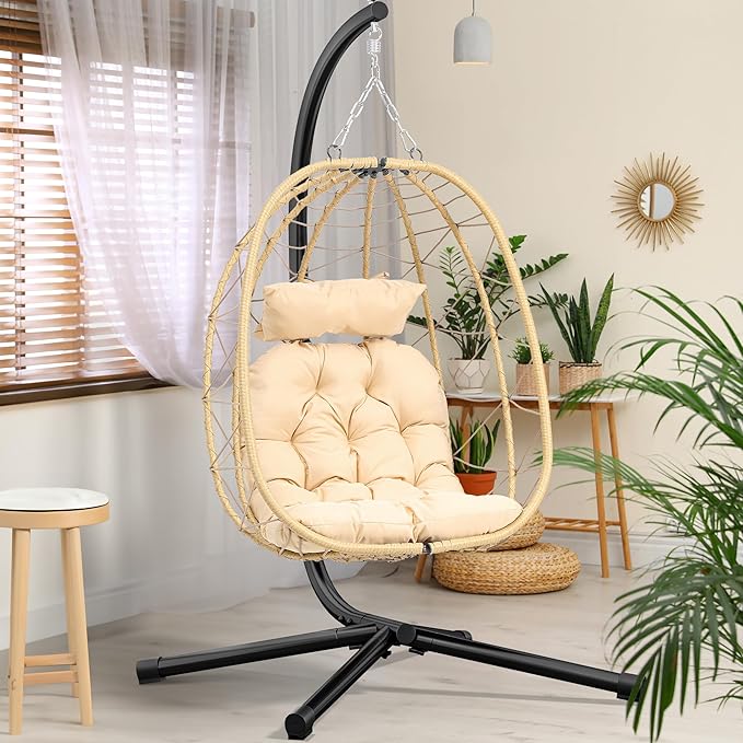 YITAHOME Hanging Egg Chair with Stand Swing Chair Wicker Indoor Outdoor Hammock Egg with Cushions 330lbs for Patio, Bedroom, Garden and Balcony, Single, Beige