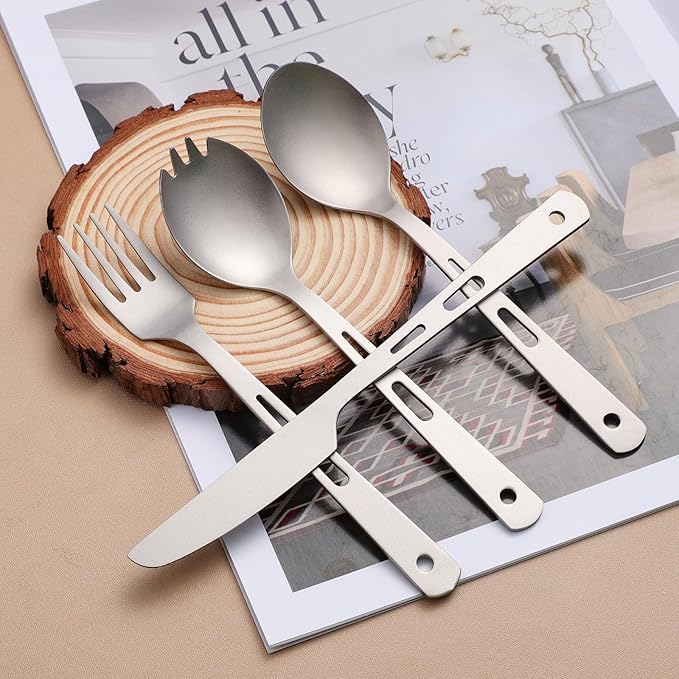 Titanium 4-Piece Silverware Set - Lightweight, Eco-Friendly Camping & Backpacking Cutlery (Knife, Fork, Spoon, Salad Spoon) with Carrying Bag for Outdoor Travel, Hiking & Picnic