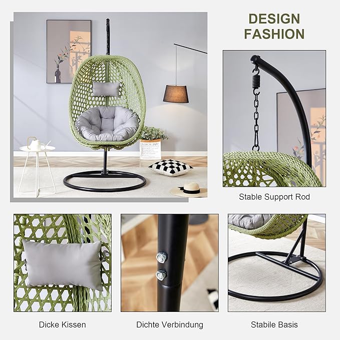 JUFU Egg Swing Chair with Stand for Outdoor and Indoor, Patio Hanging Basket Chair with Cushions and Pillow, Hammock Chair for Bedroom, Balcony, Garden,Durable Aluminum Steel Frame