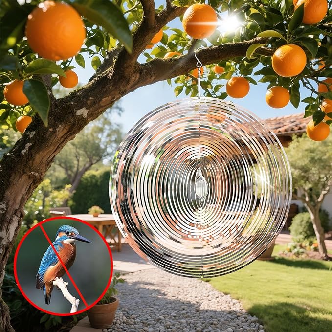 10 inch Wind Spinners Outdoor Silver Round Metal Wind Spinners for Yard and Garden, Stainless Steel Hanging Wind Chimes for Outside Patio Art Decor Whirligig Gifts for Mom Grandmother