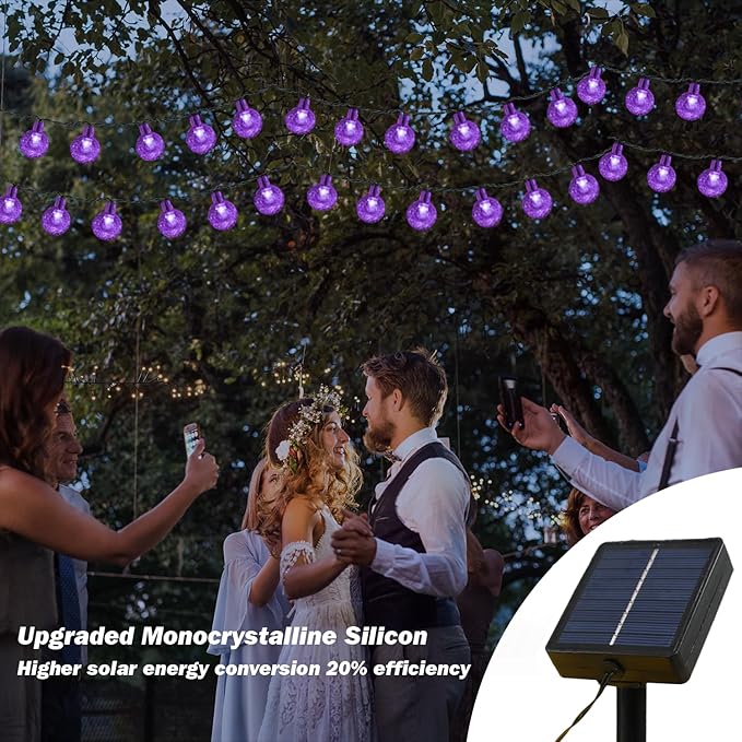 Solar Lights Outdoor Waterproof, 2 Pack Total 120LED 72FT Solar String Lights for Outside with 8 Modes, Outdoor String Lights Crystal Globe Patio Lights for Garden Yard Party Decor (Purple)