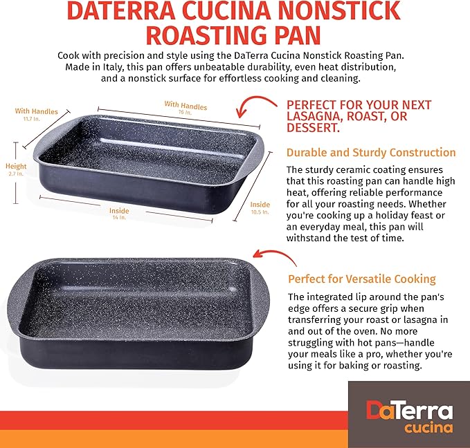 DaTerra Cucina Roasting & Lasagna Pan – 16" x 12" x 3", Large Nonstick Ceramic – Oven & Stovetop Safe to 600°F, 2.5mm Aluminum Base, PTFE, PFOA, Lead & Cadmium Free – Durable & Stylish, Made in Italy