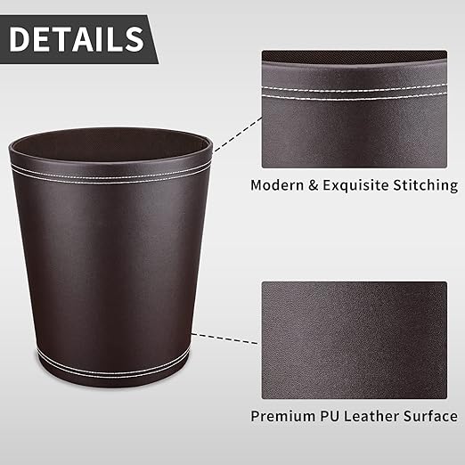 Pu Leather Trash Can for Bedroom, 2.6 Gallon Wastebasket for Office, Small Bathroom Garbage Cans for Home Decorative, Round Waste Basket Bin for Dorm Kitchen Brown