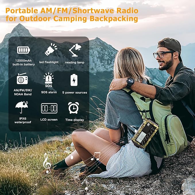 12000mAh/44400mWh Weather Radio, Hand Crank Emergency Radio Portable AM FM Shortwave, Solar Rechargeable Battery Powered Radio with NOAA Alert, USB-C Charger & Adapter, SOS Flashlight for Emergency