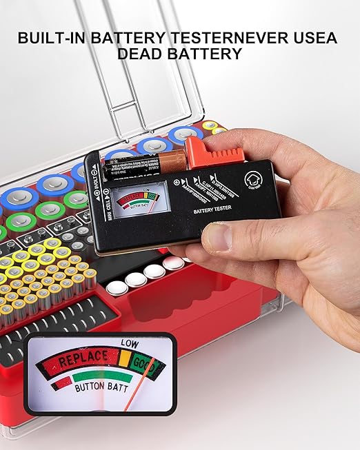 Battery Organizer Storage Holder Box Case with Tester, Ultra-Large 280+ Batteries Double-Sided Variety Pack,Holds AA AAA 4A C D Cell 9V 3V Lithium18650 LR44 CR2 CR123 CR1632 - Red