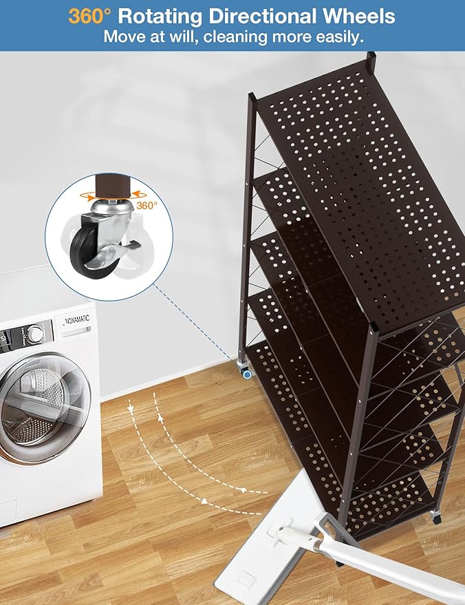 ALANNG 70.7" H Metal Storage Shelves, 5 Tier Folding Shelf on Wheels, Heavy Duty, No Assembly, Rolling, Collapsible Rack Unit for Kitchen, Basement, Pantry (Vintage Brown,1 Pack)