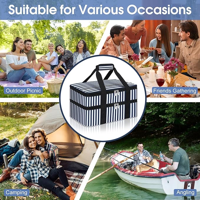 Double Insulated Casserole Carrier, Portable Casserole Carrier for Hot or Cold Food Lunch Tote Warmer or Cooler Bag, Lasagna Lunch Bag for Potluck Parties- Fits 9" x 13" Baking Dish-Blue Stripes