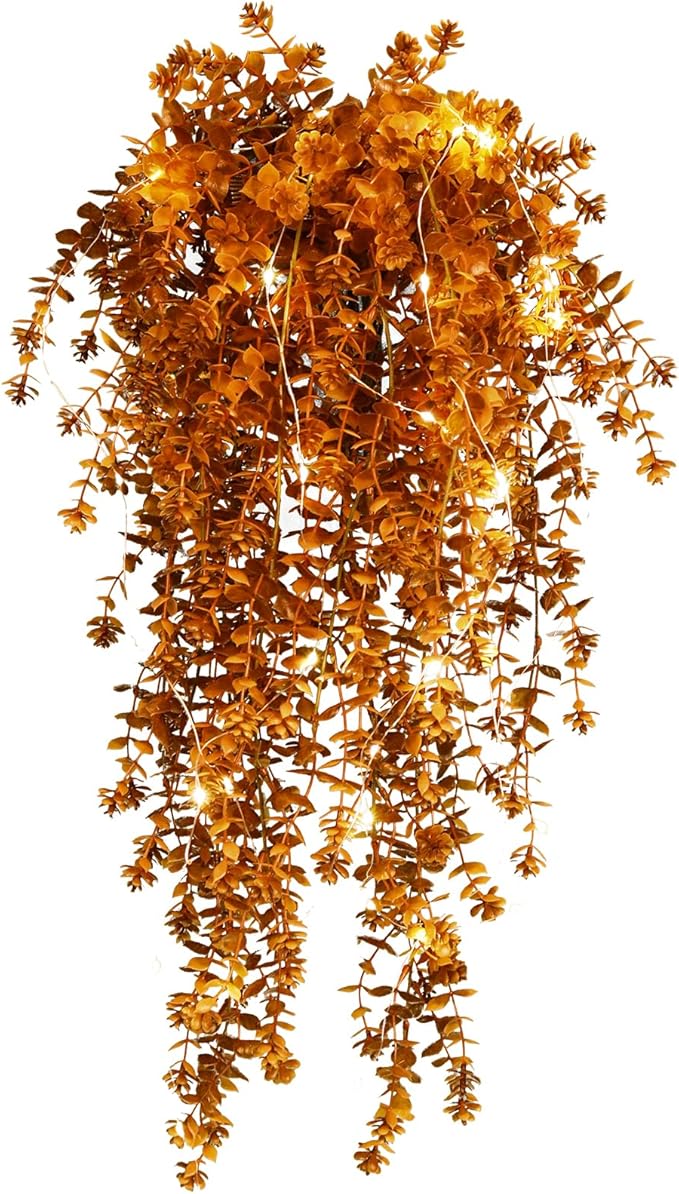 Fall Artificial Hanging Plants Artificial Fall Flowers Faux Autumn Plants Faux Hanging Plants Artificial Plants Fake Plants with Lights for Thanksgiving Indoor Outdoor Wedding Garden Party (Brown)