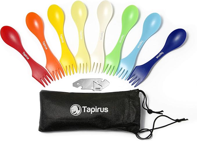 Tapirus - Spork to Go V8 Set - 7-inch BPA Free Sporks - Spoon, Fork and Knife Combo Utensils Flatware Mess Kit for Camping and Outdoor Activities - with Bottle Opener and Carrying Case - Pack of 8