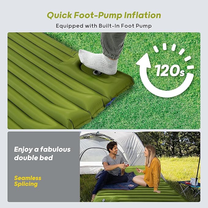 4 Inch Thick Double Sleeping Pad for Camping, with Foot Pump and Pillow, Lightweight Camping Mattress 2 Person for Outdoors, Backpacking, Hiking