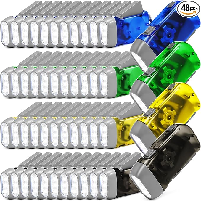 Retisee 48 Pcs Hand Crank Flashlight No Battery Required Torch Light Manual Press Flashlight 3 LED Squeeze Torch Light for Shoeboxes Camping Hiking(Green, Blue, Yellow, Gray)