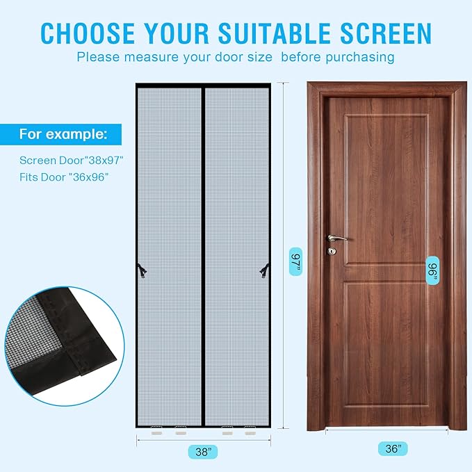 Fiberglass Magnetic Screen Door for 36''x96'' Doors, Screen Size 38"x97" Self-Sealing with Strong Magnets,Anti-Tearing Reinforced Fiberglass Mesh–Keeps Bugs Out–Perfect for Front,Sliding Doors