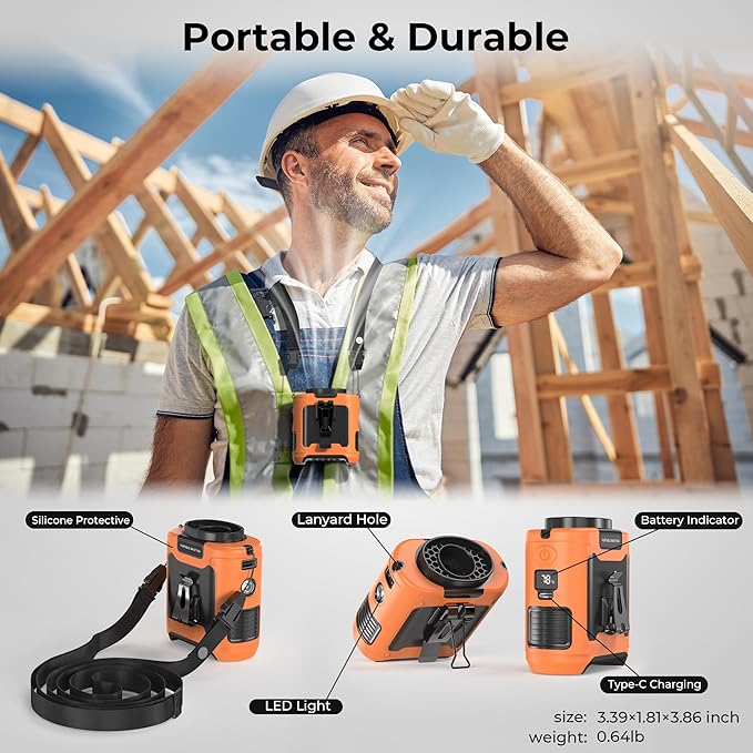 10000mAh Portable Waist Clip Fan, 40H Cooling Personal Wearable Fan, 5 Speeds 16000RPM Strong Belt Fan, Rechargeable Hands-free Neck Fan With Flashlight for Outdoor Jobsite Camping Traveling (Orange)