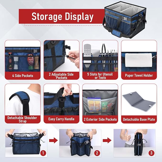 FANGSUN Large Grill and Picnic Caddy with Paper Towel Holder, BBQ Organizer for Utensil, Plate, Condiment, Collapsible & Easy Carry Griddle Caddy, Must Haves for Outdoor, Camper, Travel, Car, RV