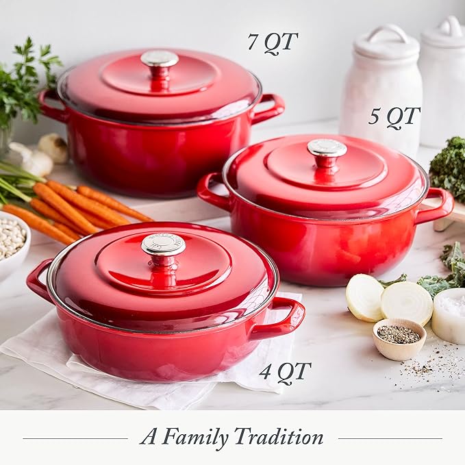 Merten & Storck 5.3QT Round Dutch Oven Casserole Pot with Lid, European Crafted Enameled Iron Stockpot, Induction & All Cooktops, Braising, Stews, Roasting, Slow Cooking, Sourdough, Foundry Red