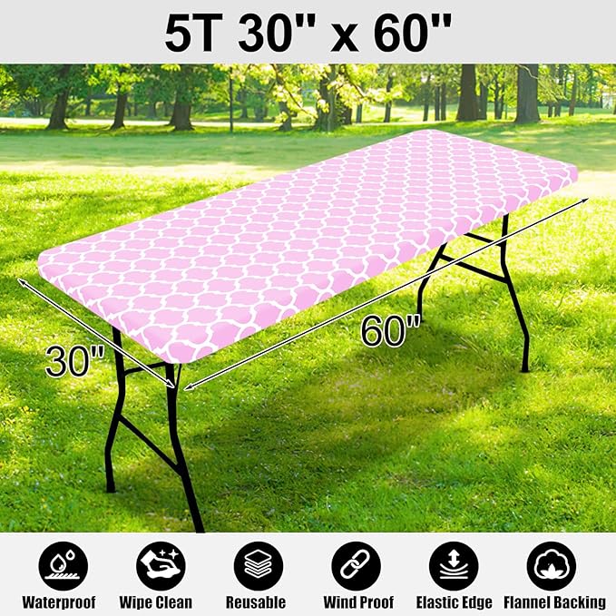 Smiry Rectangle Picnic Table Cover, Waterproof Elastic Fitted Camping Tablecloths for 5 Foot Tables, Wipeable Flannel Backed Vinyl Tablecloth Protector for Indoor, Outdoor (Pink, 30x60 Inches)