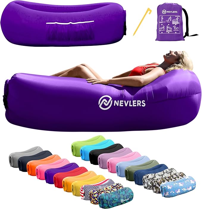 Nevlers Inflatable Lounger | 210T Polyester Inflatable Chair | No-Pump Blow Up Couch | Camping Couch Air Sofa Bed w/ 450 lbs. Cap., Pockets & Matching Bag | Use as Inflatable Couch for Adults & Kids