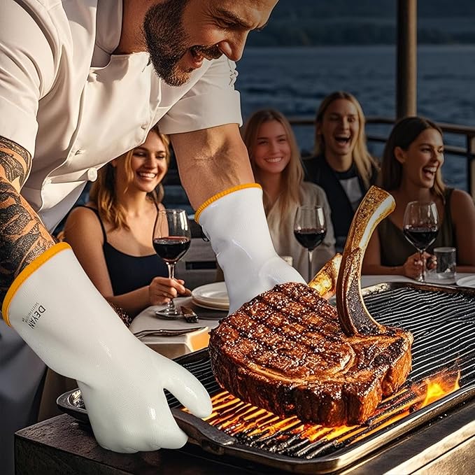 DEYAN Silicone BBQ & Oven Gloves - Food Grade, Heat Resistant Waterproof & Oil Proof Gloves for Grilling, Baking, Frying, Cooking - Long Sleeve & Non-Slip Grip, 1 Pair (White, 10/XL)