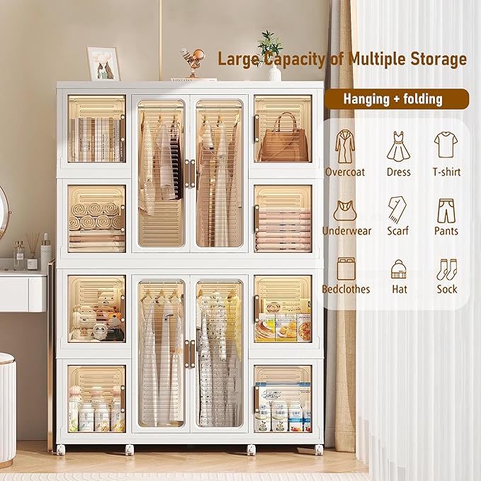Portable Wardrobe Closet Storage Organizer for Clothes, Plastic Collapsible Closet Organizer with Magnetic Transparent Door, for Living Room Bedroom,Easy Assemble,8 Cubes & 2 Hanging Rod