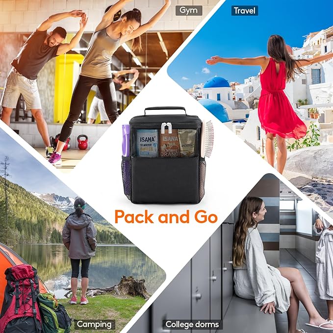 Lifewit Mesh Shower Caddy Bag Portable College Dorm Room Essentials Caddy Tote Basket for Bathroom, Gym, Travel, Camping Quick Dry Hanging Shower Organizer Toiletry Bag for Women Wen, Medium, Black