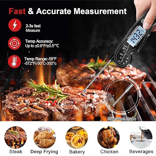 Meat Thermometer Digital - Fast Instant Read Food Thermometer for Cooking, Candy, Outside Grill, and Roast, Digital Food Thermometer with Backlight LCD & Calibration
