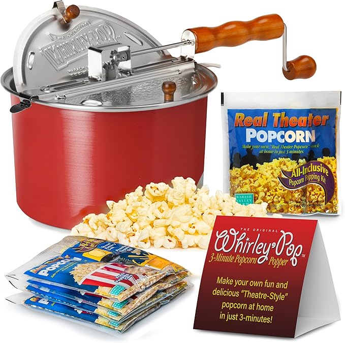 Original Whirley Pop Popcorn Maker - 6 Quart Stovetop Popcorn Popper With Five Popping Kits, Aluminum Popcorn Pot With Nylon Gears, Wabash Valley Farms Stove Top Popcorn Maker, Popcorn Pan (Red)
