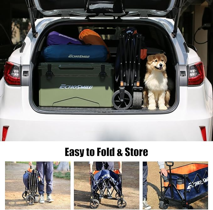 EchoSmile Collapsible Folding Wagon Cart 360lbs, Heavy Duty Garden Utility Cart with All Terrain Wheels, Large Capacity Outdoor Wagon for Camping, Beach, Shopping, Picnic (Blue Orange)