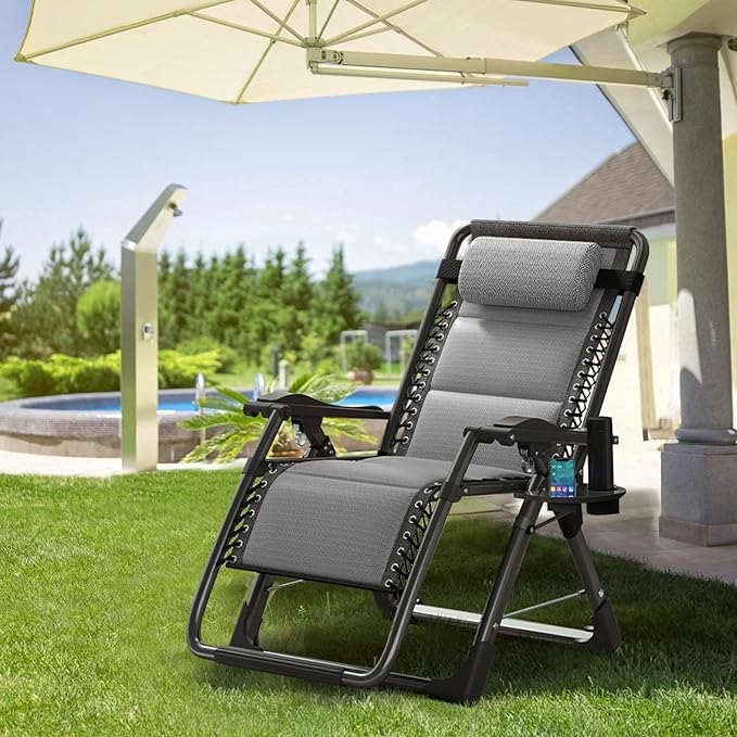 ABORON Zero Gravity Chair,Premium Outdoor Lawn Folding Lounge Chairs,Sturdy Adjustable Reclining Patio Chairs with Built in Cushion,Headrest & Tray