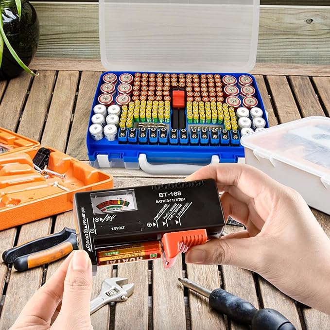 Battery Organizer Storage Holder Case with Double-Sided, Garage Box with Tester Checker. Batteries Container for 269pcs AA AAA AAAA 3A 4A 9V C D Lithium 4LR44 CR2 CR123A CR1632 CR2032 18650 - Blue