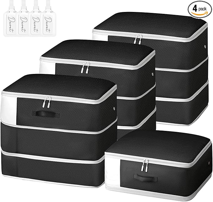 Comforter Storage Bag - Large Capacity Blanket Storage Bags 3-Layer Ultra Space Saving Self Compression Organizer, Washable Compression Bags for Storage Comforter Blanket, 4-Pack, Black