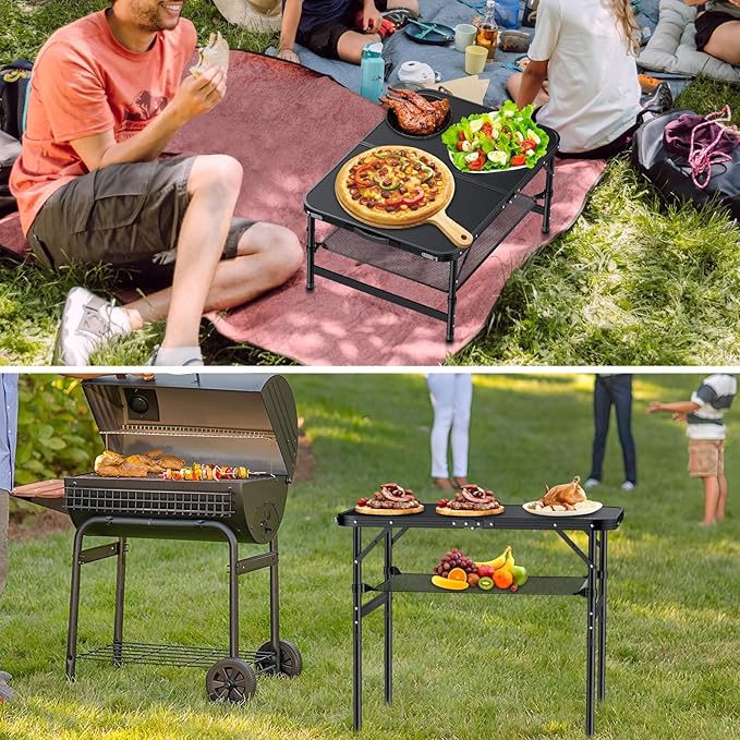 Folding Camping Table, 36" x 24" Portable Table Adjustable Height Max 28 inch Aluminum Folding Table with Storage Net, Lightweight, Portable Handle for Travel, Outdoor, Backyard (Black)