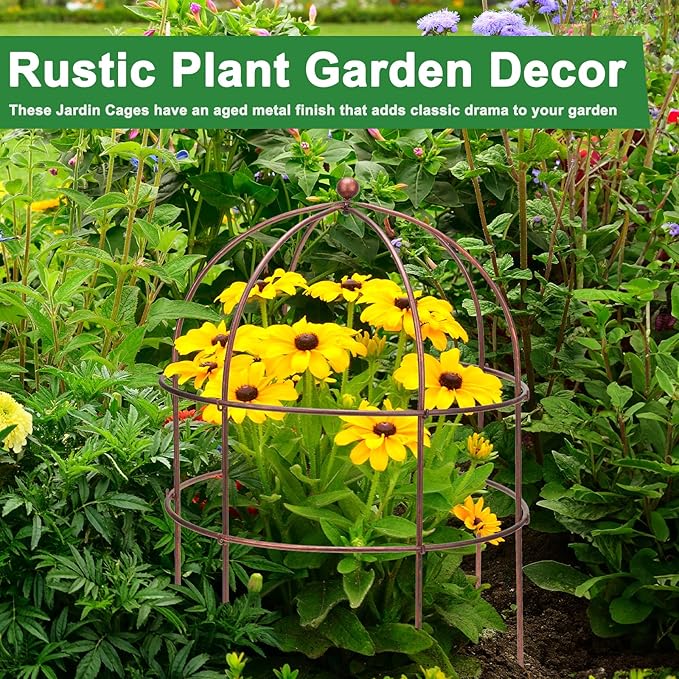 4 Pcs Jardin Bird Cage Plant Support 25" H Large Sturdy Grow-Through Flower Support Peony Cage Climbing Plant Support Trellis Sculptural Garden Decor for Perennial Flowers Vintage Gold