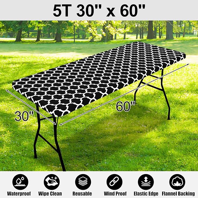Smiry Rectangle Picnic Table Cover, Waterproof Elastic Fitted Camping Tablecloths for 5 Foot Tables, Wipeable Flannel Backed Vinyl Tablecloth Protector for Indoor, Outdoor (Black, 30x60 Inches)