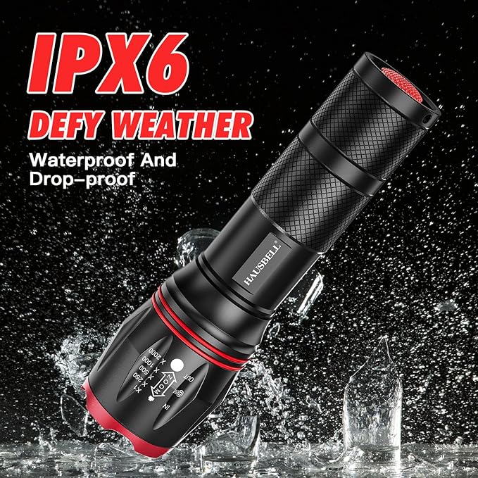 HAUSBELL LED Flashlight 2000 High Lumens, Bright Flash Light with Battery, Zoomable & Waterproof Tactical Flashlights for Home, Emergency, Hiking, Handheld Flashlight for Camping Essentials, 2 Pack