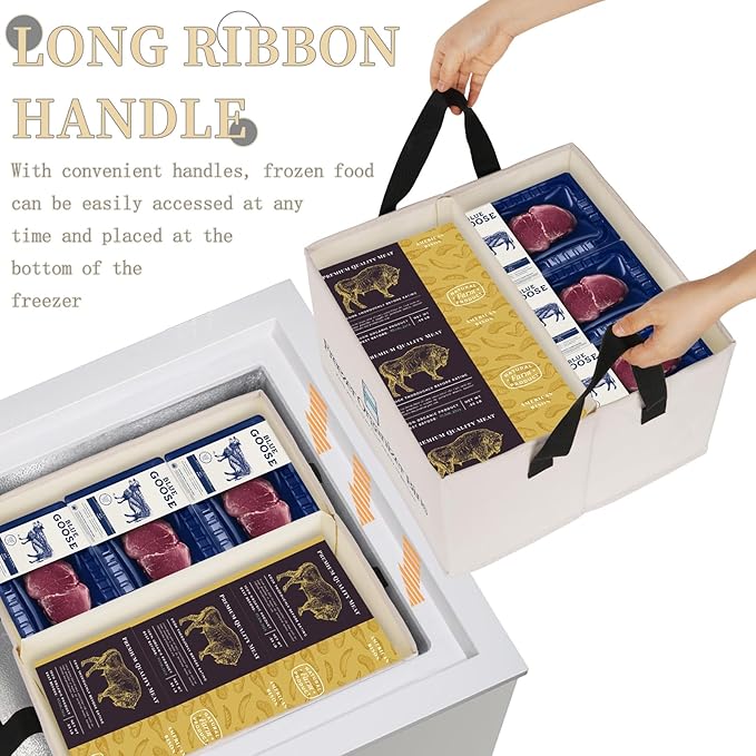 Freezer Organizer Bins, 2 Pack Collapsible Deep Freezer Organizer Bins for 15"x14"x9", freezer Storage Bins with Removable Dividers, Handles (Light Grey, 2 Pack)