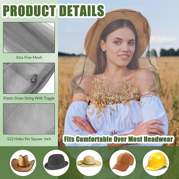 HESTYA 4 Pack Mosquito Head Net Face Mesh Protecting Net for Outdoor Hiking Camping Climbing Mosquito Fly Insects Preventing(Gray, Army Green)