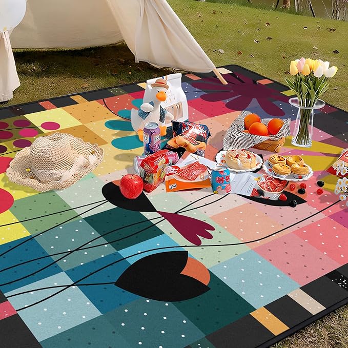 Abstract Floral Picnic Blankets Waterproof Foldable, 80″X80″ Thick Three Layer Picnic Mat Outdoor Blanket for Grass, Large Beach Blanket Sandproof Picnic Accessories for Camping Park Hiking