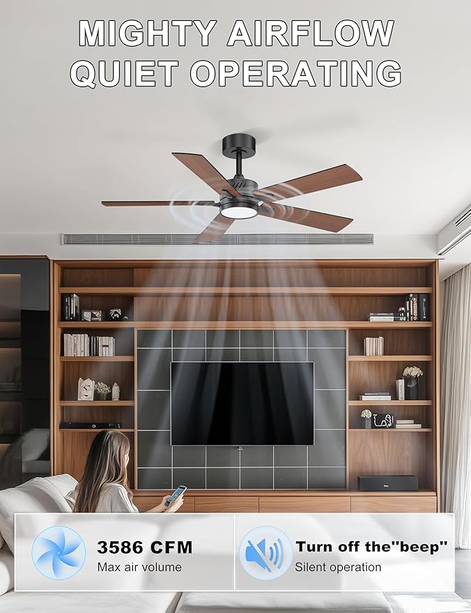 Ohniyou 48'' Ceiling Fans with Lights and Remote, 6 Speeds, 3 Colors & Dimmable LED Light, Reversible DC Motor Ceiling Fan with Walnut Blades