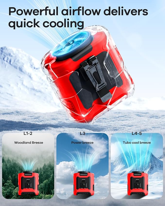 AI Portable Waist Fan Rechargeable 10000mah Belt Shirt Clip On Fan For Body Cooling That Blow Cold Air 5 Speeds Flashlight Up To 40H