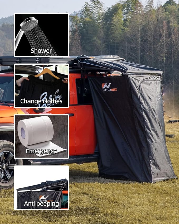 Naturnest Shower Awning with Roof and Floor mat, Overland Shower Awnings, Bathroom Tent for SUV Car Camping Shower Tent Roof Shower Awnings Toilet Camping Privacy Shelters Car Side Shower Room