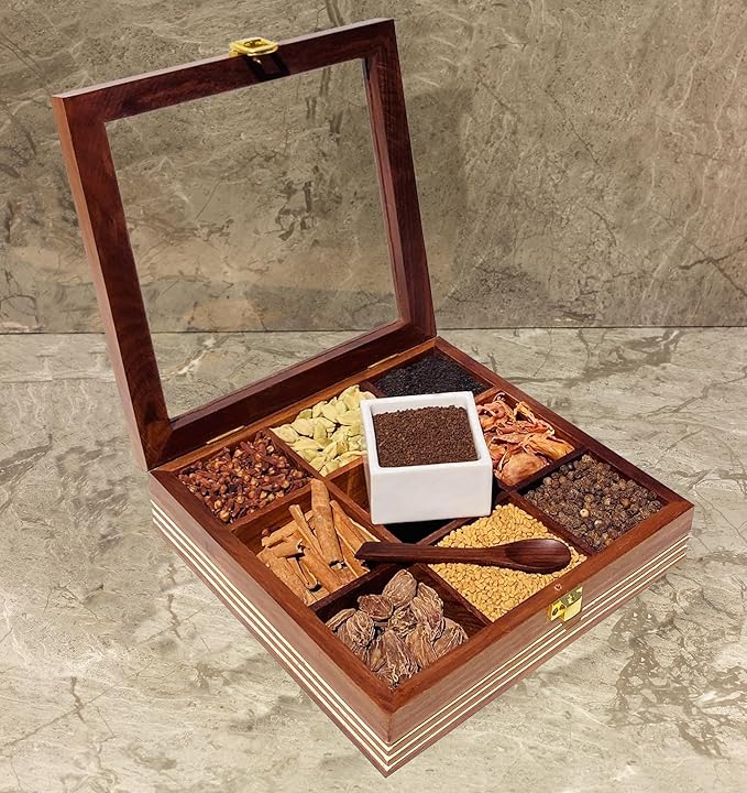 Wooden Spice Box with lid and Spoon - 9 spice compartments including with 1 removable Ceramic Container Good for Storing Salt - Tabletop Kitchen Spice Organizer for Masala and Herbs