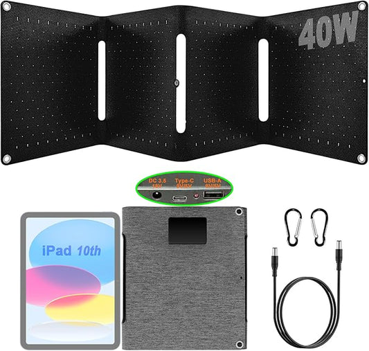 40W Portable Solar Panel Charger with Triple Output (USB-C/USB-A/DC), 24% High-Efficiency & Waterproof, Ultra-Compact Design for Phones, Power Banks, for Camping, Hiking, Backpacking