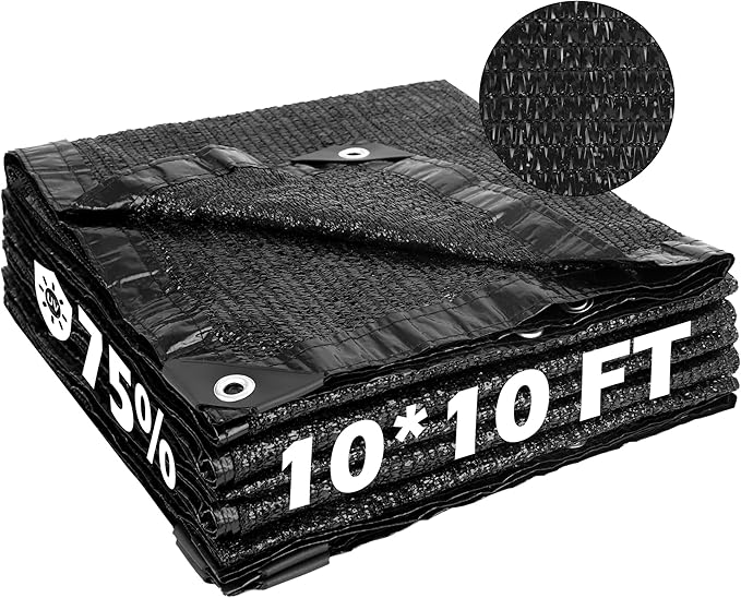 Garden expert 75% Black Shade Cloth 10x10FT Taped Edge with Grommets Sun Net Mesh for Garden Patio Backyard UV-Resistant