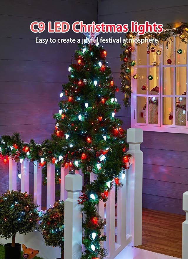 C9 LED Christmas String Lights - 82ft 100 LED Outdoor String Lights with Timer and 8 Lighting Modes, Plug in Extendable Roofline Lights String for Outside Yard Porch Christmas Holiday Decoration