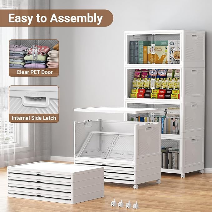 400QT Extra Large Stackable Storage Bins, 100Gal Clear Plastic Closet Organizer Cabinet with Lid and Wheels, Collapsible Latch Boxes Folding Drawer with Door for Home Kitchen, V20 4Pack White