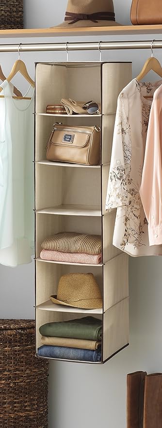 Whitmor Closet Organizer Heavy Duty Canvas 6 Shelf Hanging Accessory Bag, 6 Section, Off- White