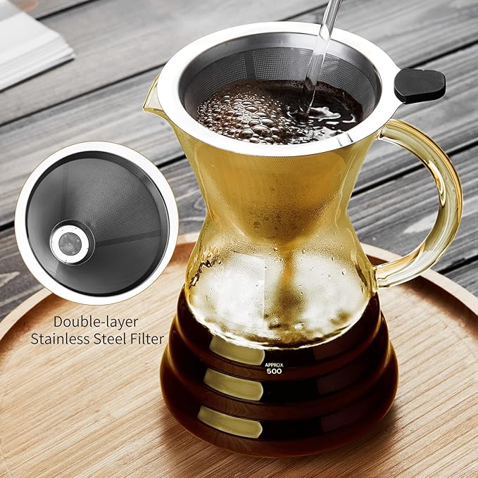 Unbreakable - Pour Over Coffee Maker with Permanent Stainless Filter 32 fl oz, Thickened Heat-Resistant Borosilicate Glass Dripper Coffee Brewer, Stovetop Safe, Yellow