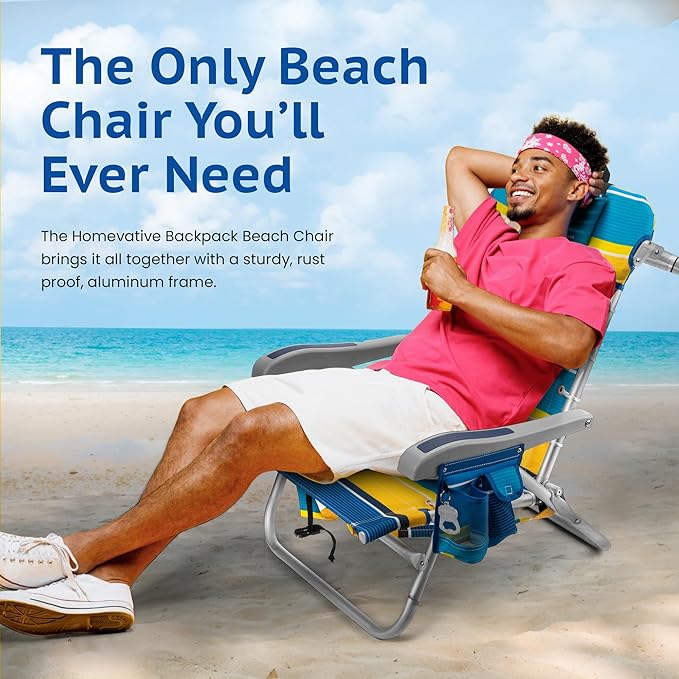 Homevative Backpack Fold-Up Beach Chair, 5 Positions, Towel bar, Cooler, Storage Pouch, Cup Holder and Phone Pocket
